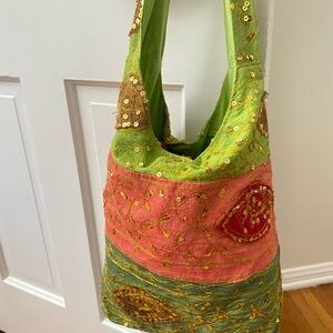 74.C Embellished Pink & Green Boho Shoulder Bag
